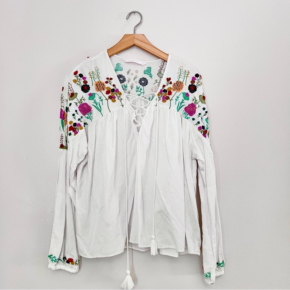 Zara Embroidered Floral White Blouse